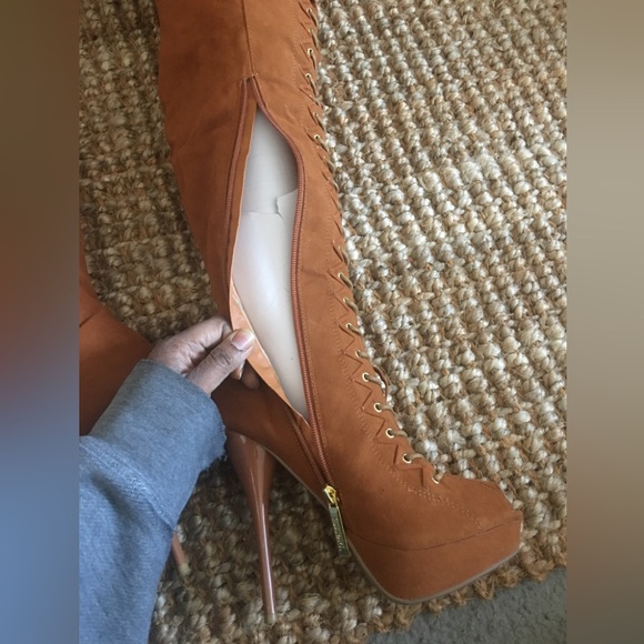 Sexy faux suede rust/tan over-the-knee peep toe boot - Picture 11 of 17